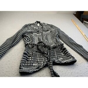 H&M Geometric Jacquard Wrap Cardigan Belted‎ Black White XS Modern Knit